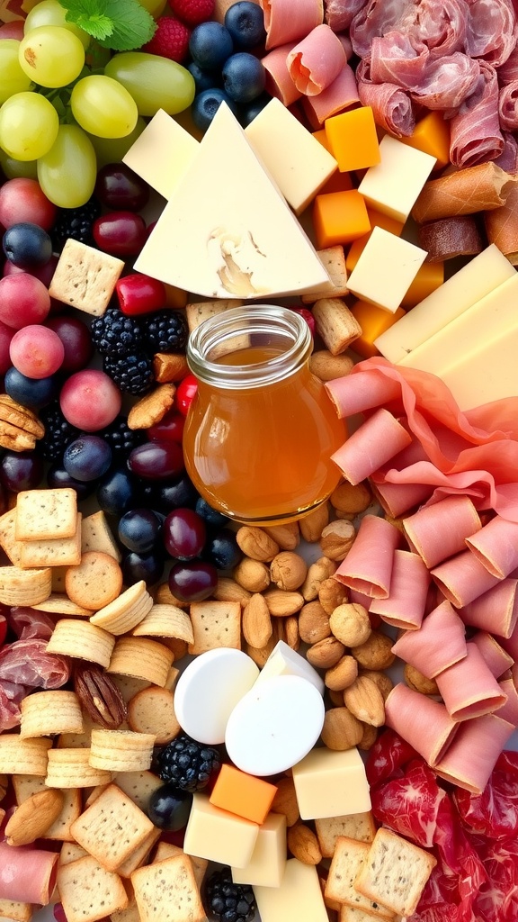 A colorful snack tray featuring assorted cheeses, meats, fruits, and nuts, garnished with fresh herbs.